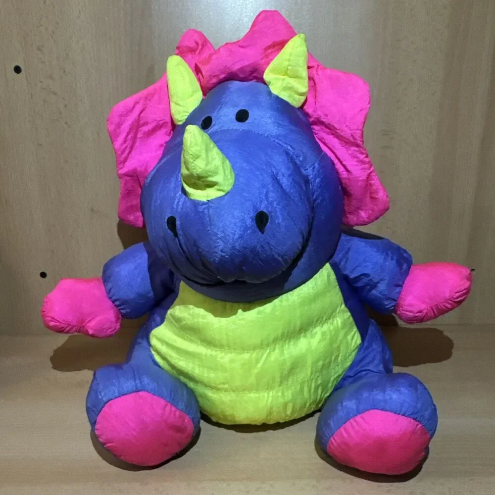 Stuffins 90’s Triceratops Nylon Plush Dinosaur Pink Blue Squeaker Parachute  Vtg